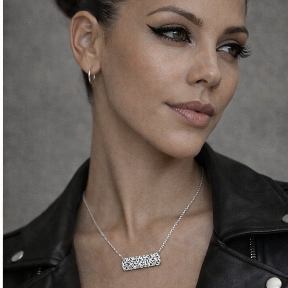 Silver Baguette Cluster Bar Pendant Necklace | CZ Sparkle | Elegant Minimalist - Picture 3 of 10